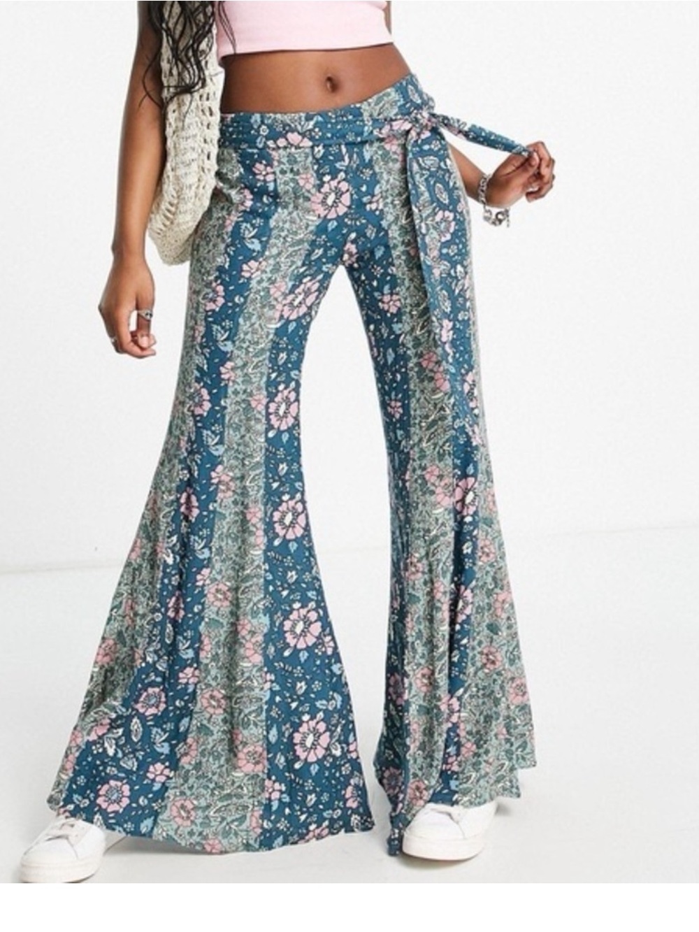 Free People Teal Floral Wide-Leg Tie-Waist Pants